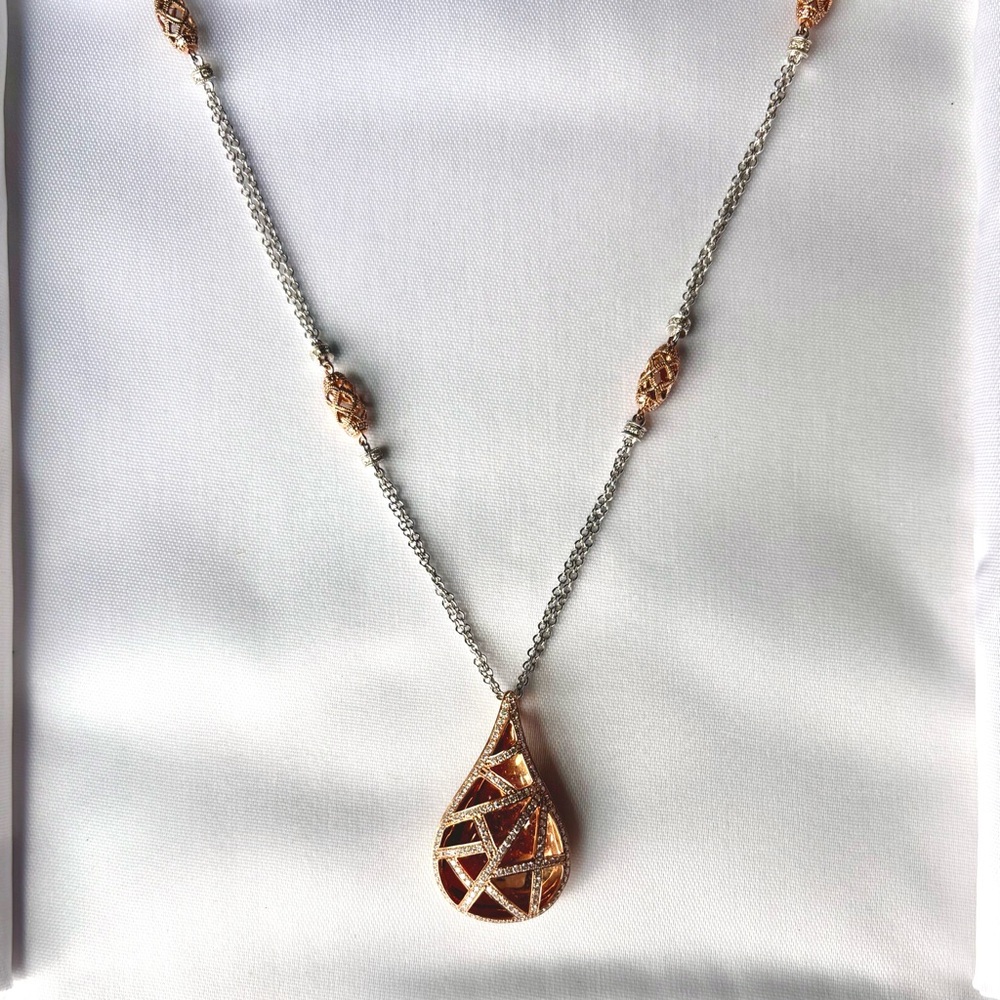 Gabriel & Co. Rose Gold Diamond Pave Pendant, White Gold Filigree Chain